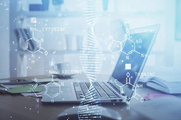 Desktop computer achtergrond en DNA tekening. Dubbele belichting. Wetenschapsconcept. — Stockfoto