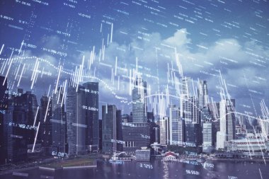 Gökdelenler, duvar kağıtları ve çoklu pozlama ile şehir manzarasının eski çizelgesi. Finansal araştırma kavramı.