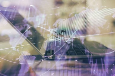 Bilgisayar geçmişi olan eski grafik hologramı. Çifte maruziyet. Finans piyasası kavramı.