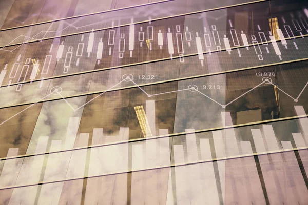 Devisendiagramm auf Stadtbild mit hohen Gebäuden Hintergrund Multi-Exposure. Finanzielles Forschungskonzept. — Stockfoto