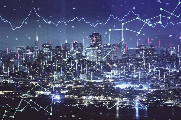 Gráfico financeiro sobre paisagem da cidade noturna com edifícios altos de fundo exposição dupla. Conceito de análise . — Fotografia de Stock