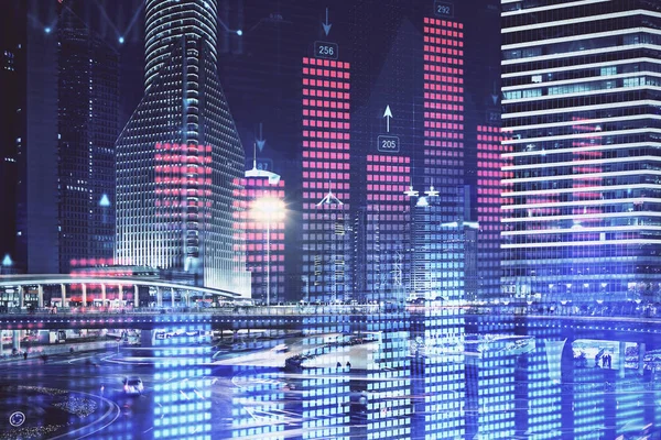 Finansiella diagram på stadsbilden med höga byggnader bakgrund Multi exponering. Analys koncept. — Stockfoto