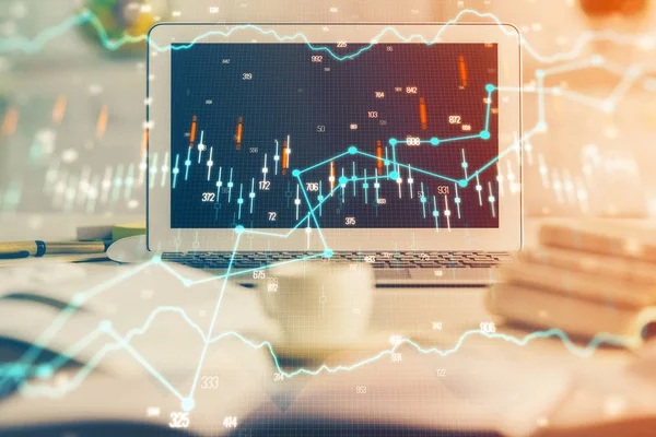 Finanzgrafik bunte Zeichnung und Tabelle mit Computer auf dem Hintergrund. Doppelbelichtung. Konzept der internationalen Märkte. — Stockfoto