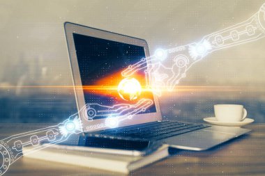 Bilgisayar ve teknoloji temalı çizimlere çifte maruz kalma. Yenilik kavramı.