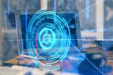 Bilgisayarın arka plan ve teknoloji temalı çizimlerine çoklu maruz kalma. Yenilik kavramı.