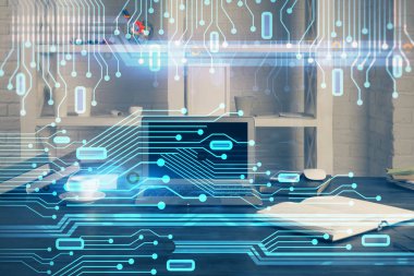 Teknoloji temalı çizim ve bilgisayarla çalışma alanı. Çoklu maruz kalma. Yenilik kavramı.