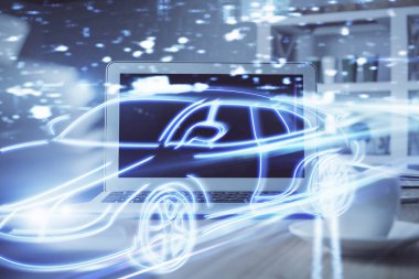 Otomobil hologramı çizimi olan masaüstü bilgisayar arkaplanı. Çoklu maruz kalma. Teknoloji kavramı.