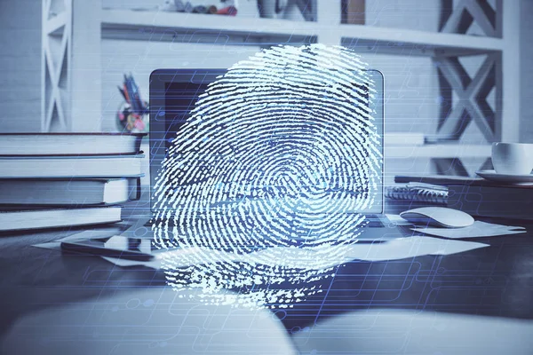 Компьютер на рабочем столе в офисе с рисунком пальца. Двойное воздействие. Концепция защиты бизнес-данных. — стоковое фото