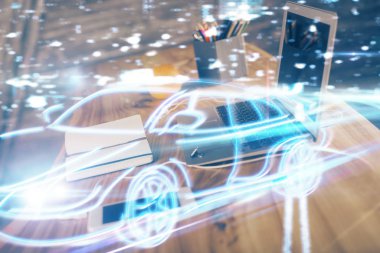 Otomobil hologramı çizimi olan masaüstü bilgisayar arkaplanı. Çoklu maruz kalma. Teknoloji kavramı.