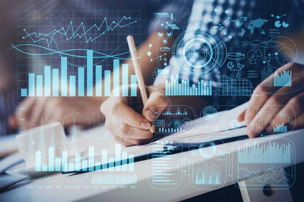 Multi exposure of two men planing investment with stock market forex chart. — Stock Photo, Image