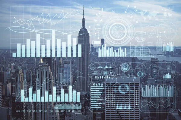 Graphique Forex sur la vue sur la ville avec gratte-ciel arrière-plan double exposition. Concept d'analyse financière. — Photo