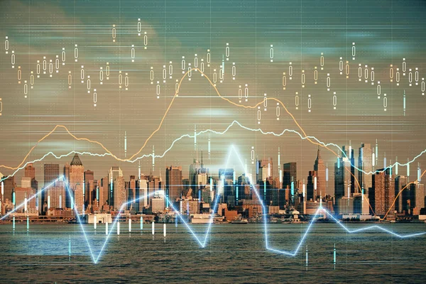 Gráfico de divisas en paisaje urbano con rascacielos fondo de pantalla doble exposición. Concepto de investigación financiera . —  Fotos de Stock