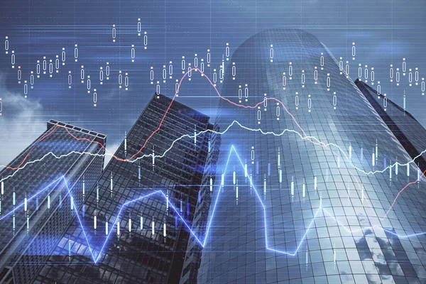 Devisendiagramm auf Stadtbild mit Wolkenkratzern Tapete Multi-Exposure. Finanzielles Forschungskonzept. — Stockfoto