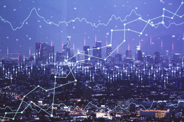 Gráfico financeiro sobre paisagem da cidade noturna com edifícios altos de fundo exposição dupla. Conceito de análise . — Fotografia de Stock