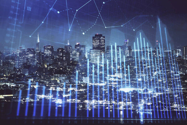 Financial graph on night city scape with tall buildings background double exposure. Analysis concept.