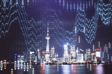 Yüksek binalar arka plan çok pozlama ile gece şehir scape mali grafik. Analiz kavramı.