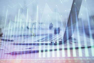 Bilgisayar geçmişi olan eski grafik hologramı. Çifte maruziyet. Finans piyasası kavramı.