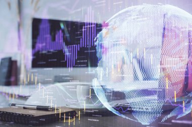 Forx çizelgesine ve bilgisayarla çalışma alanına çift pozlama. Uluslararası çevrimiçi ticaret kavramı.