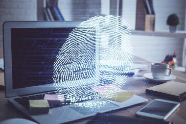 Ofisteki bilgisayarın parmak izi çizimi. Çifte maruziyet. İş veri güvenliği kavramı.