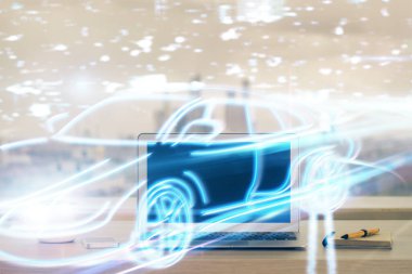 Otomobil hologramı çizimi olan masaüstü bilgisayar arkaplanı. Çoklu maruz kalma. Teknoloji kavramı.