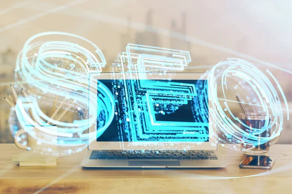 Multi exposure of table with computer and seo drawing hologram. Search optimization concept. — Stock Photo, Image