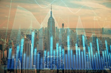 Gökdelenler arka planda çift pozlama ile şehir görünümünde eski grafik. Mali analiz kavramı.