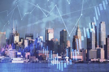 Gökdelenler arka planda çift pozlama ile şehir görünümünde eski grafik. Mali analiz kavramı.