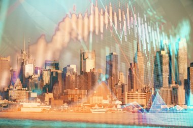 Gökdelenler arka planda çift pozlama ile şehir görünümünde eski grafik. Mali analiz kavramı.