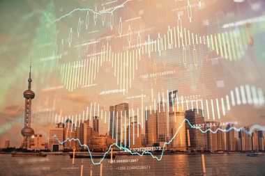 Gökdelenler arka planda çift pozlama ile şehir görünümünde eski grafik. Mali analiz kavramı.