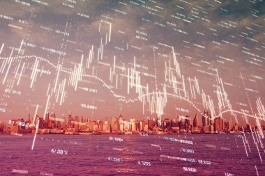 Forex chart on cityscape with skyscrapers wallpaper double exposure. Financial research concept. clipart