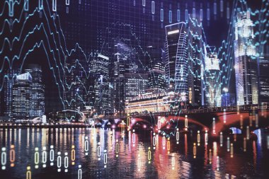 Yüksek binalar arka plan çok pozlama ile şehir scape mali grafik. Analiz kavramı.