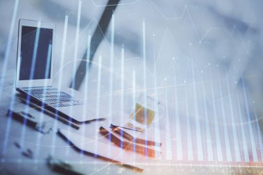 Bilgisayar geçmişi olan eski grafik hologramı. Çoklu maruz kalma. Finans piyasası kavramı.