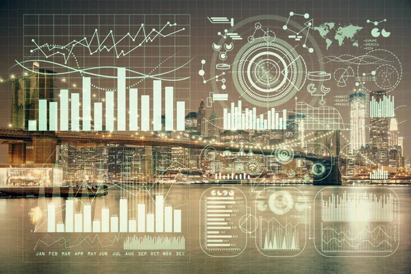 Tableau financier sur paysage de la ville avec de hauts bâtiments arrière-plan multi exposition. Concept d'analyse . — Photo