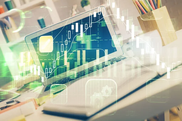 Aktiemarknad diagram och tabell med datorbakgrund. Multiexponering. Begreppet finansiell analys. — Stockfoto