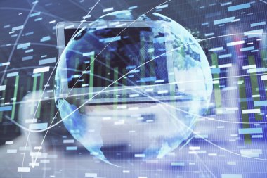 İş teması simgelerinin çoklu pozlandırılması ve bilgisayar geçmişi olan çalışma alanı. Başarı kavramı.