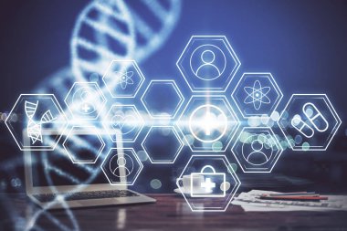 Masaüstü bilgisayar arkaplanı ve DNA çizimi. Çifte maruziyet. Bilim konsepti.