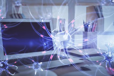 Masaüstü bilgisayar arkaplanı ve nöron çizimi. Çifte maruziyet. Eğitim kavramı.