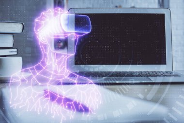 AR tema simgesi olan bilgisayar masaüstünde. Çoklu maruz kalma. Artırılmış gerçeklik kavramı.