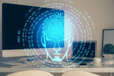 Bilgisayar ve beyin hologramıyla iki kat maruz kalmışlar. Veri yeniliği kavramı.