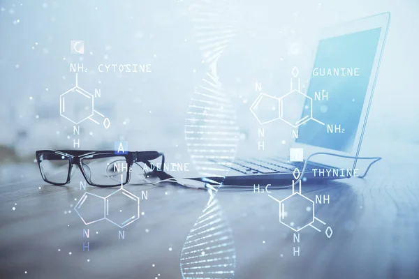 데스크톱 컴퓨터 배경과 DNA 그 리기입니다. 두 번 노출. 과학 개념. — 스톡 사진