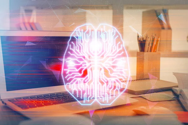 Double exposure of work table with computer and brain sketch hologram. Brainstorming concept. — Stock Photo, Image