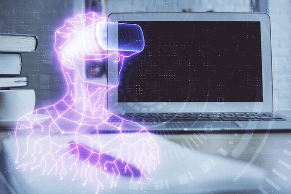 AR tema simgesi olan bilgisayar masaüstünde. Çoklu maruz kalma. Artırılmış gerçeklik kavramı.