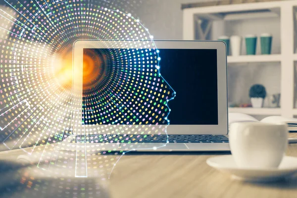 Double exposure of table with computer and brain hologram. Data innovation concept. — Stock Photo, Image