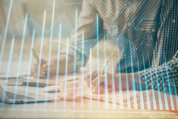 Multi exposure of forex chart with man working on computer on background. Concept of market analysis. — Stock Photo, Image
