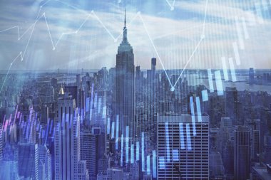 Gökdelenler arka planda çift pozlama ile şehir görünümünde eski grafik. Mali analiz kavramı.