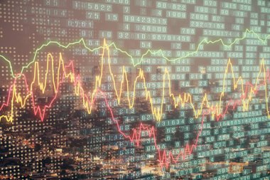 Yüksek binalar arka plan çift pozlama ile gece şehir scape mali grafik. Analiz kavramı.