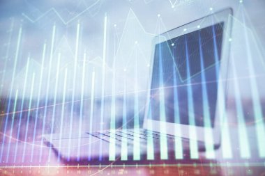 Bilgisayar geçmişi olan eski grafik hologramı. Çifte maruziyet. Finans piyasası kavramı.