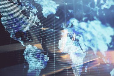 İş teması simgelerinin çoklu pozlandırılması ve bilgisayar geçmişi olan çalışma alanı. Başarı kavramı.