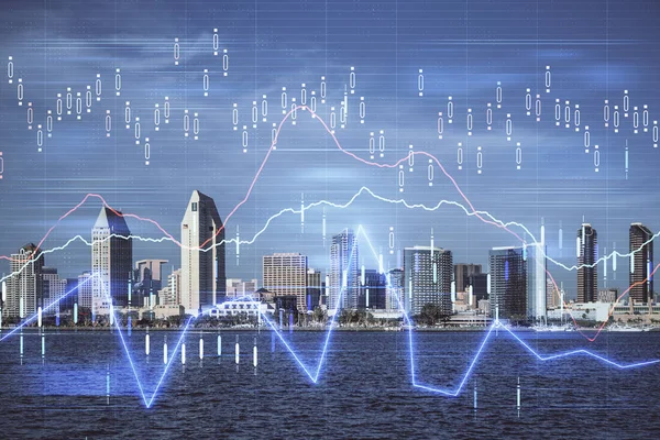 Forex chart on cityscape with skyscrapers wallpaper multi exposure. Financial research concept. — Stock Photo, Image