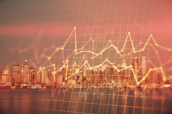 Financial graph on night city scape with tall buildings background double exposure. Analysis concept. — Stock Photo, Image